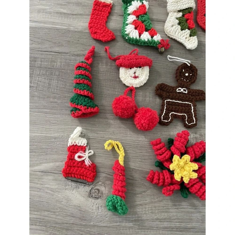 Vintage Lot of 33 Handmade Chrocheted Christmas Ornaments Santas Wreaths Candles